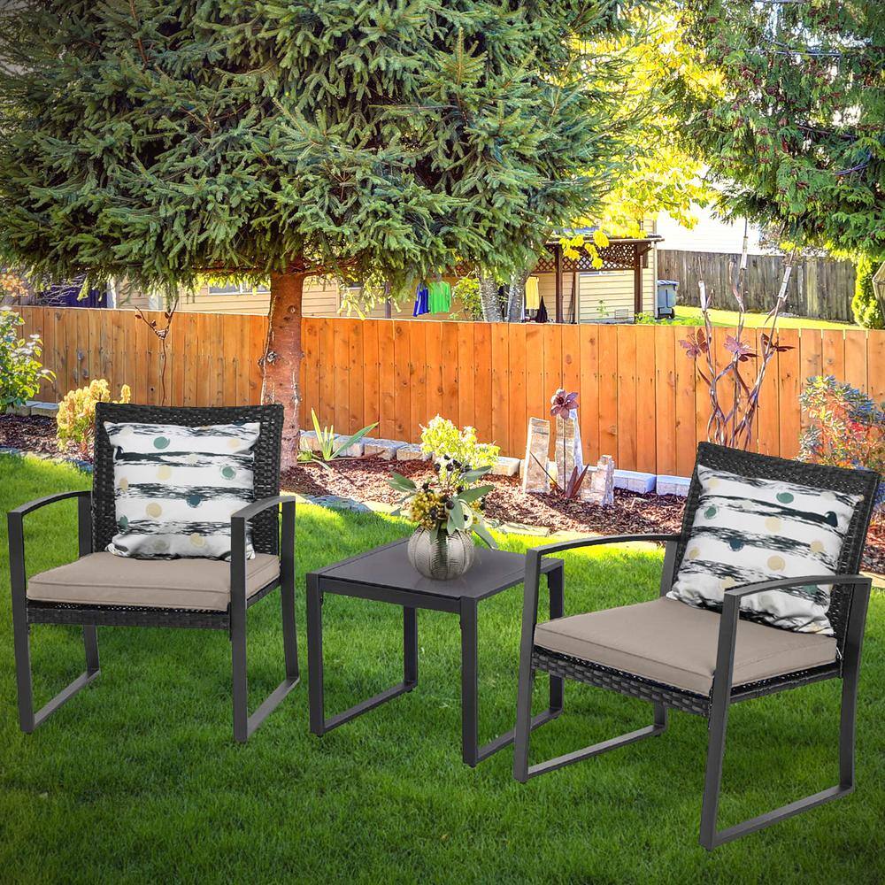 Pyramid Home Decor Lunar Outdoor 3-Piece Bistro Set Black Wicker Furniture-2 Chairs with Glass Coffee Table-Coffee Brown