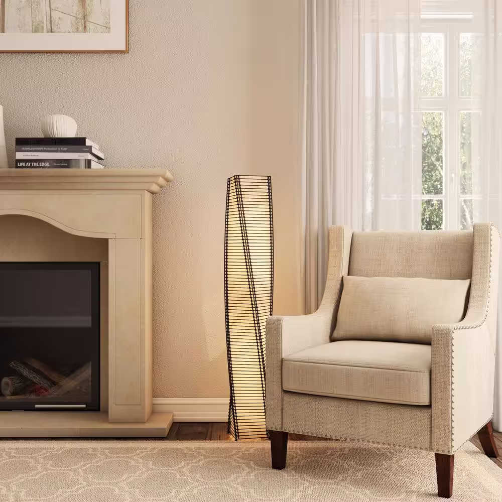 Adesso Stix Black Cane 50 in. Black/Beige Floor Lantern