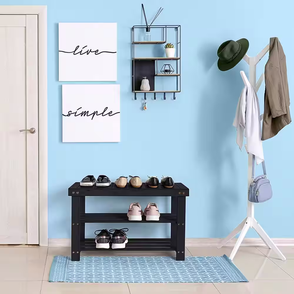 None 17.7 in. H 6-Pair Black Bamboo Shoe Rack Bench 3-Tier Storage Shelf