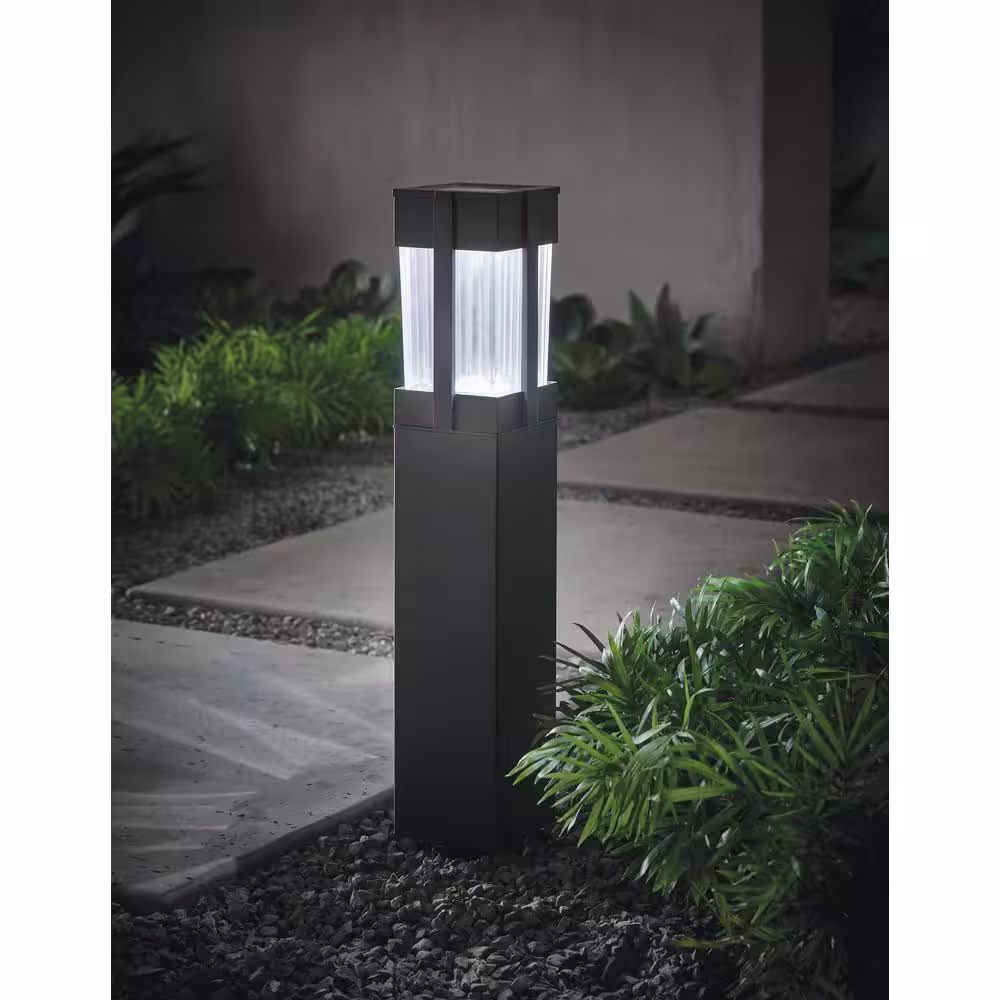 Hampton Bay Sumner Solar Black LED Bollard Path Light with Ribbed Glass Lens; 20 Lumens