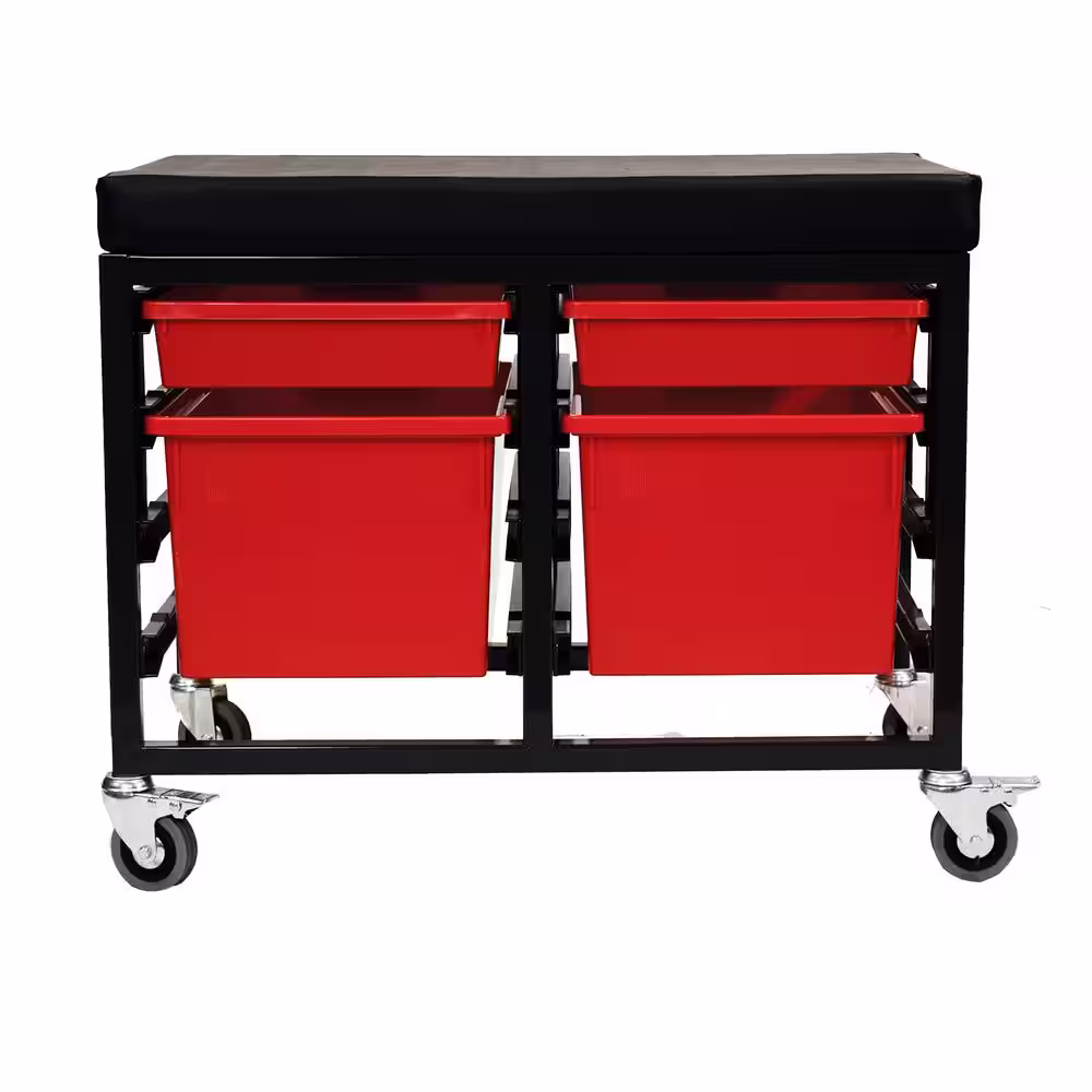 None StorBenchSeat With Cushioned Seat and 4 Storsystem Trays and Bins-Red