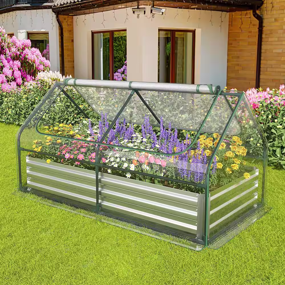 None Galvanized Metal Raised Garden Bed with Greenhouse Bottomless Flower Bed with Clear Cover Planter Box Kit