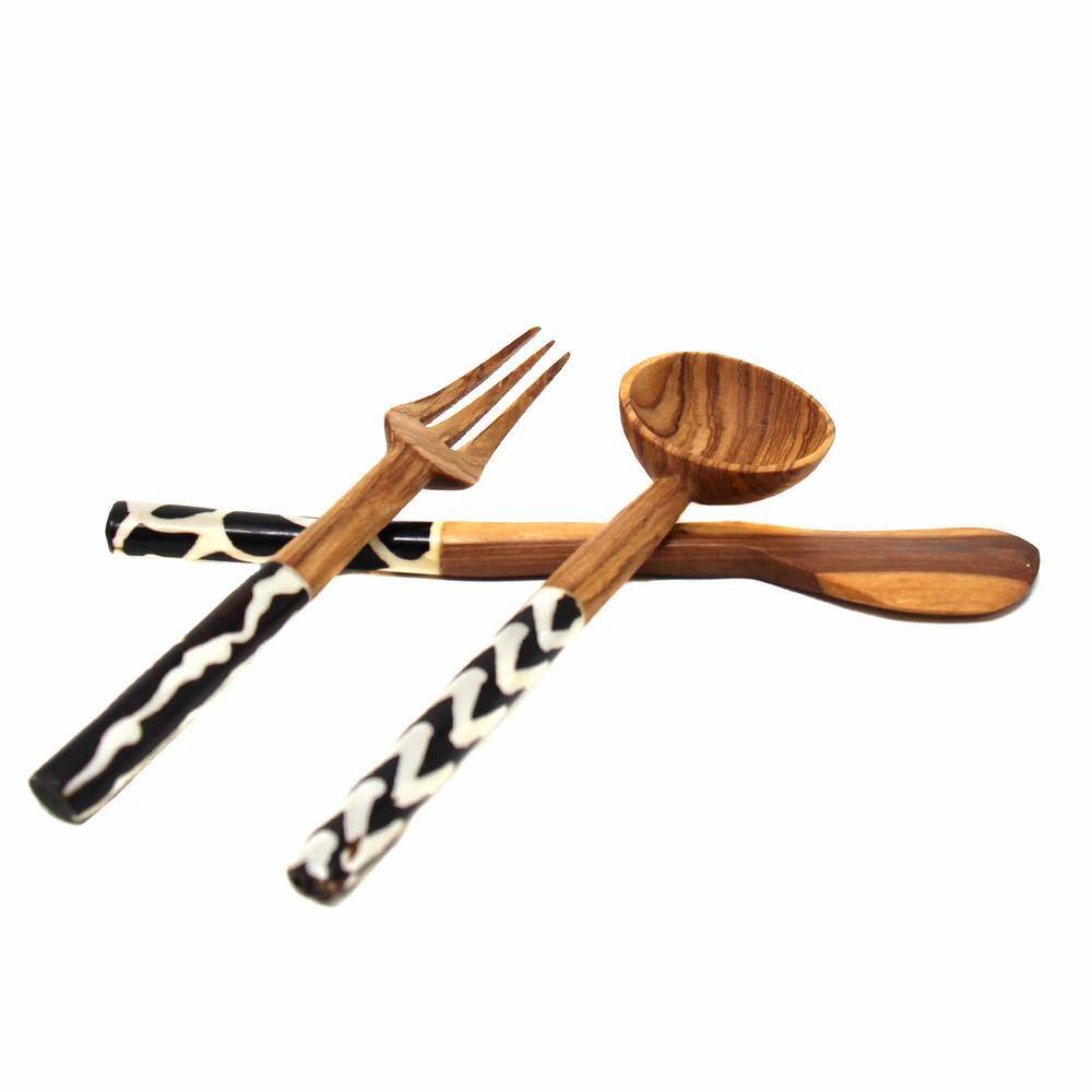 Global Crafts Olive Wood Appetizer Set of 3 (Fork, Spoon, Spreader)
