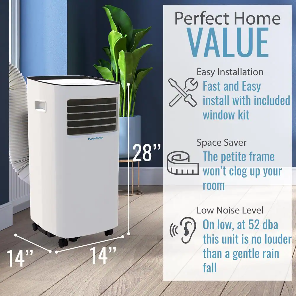 Keystone 7000 BTU (DOE) 10000 BTU (ASHRAE) Portable Air Conditioner w/ Remote 300 Sq.Ft. LED Display, Timer, Wheels in White