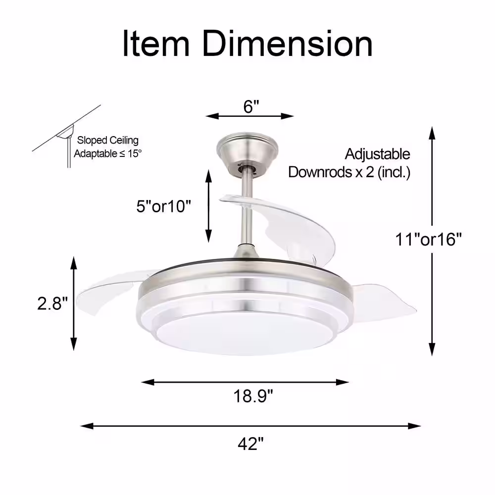 Bella Depot 42 in. Indoor Brushed Nickel Retractable Ceiling Fan with LED Light and Remote, 6-Speed Reversible Ceiling Fans