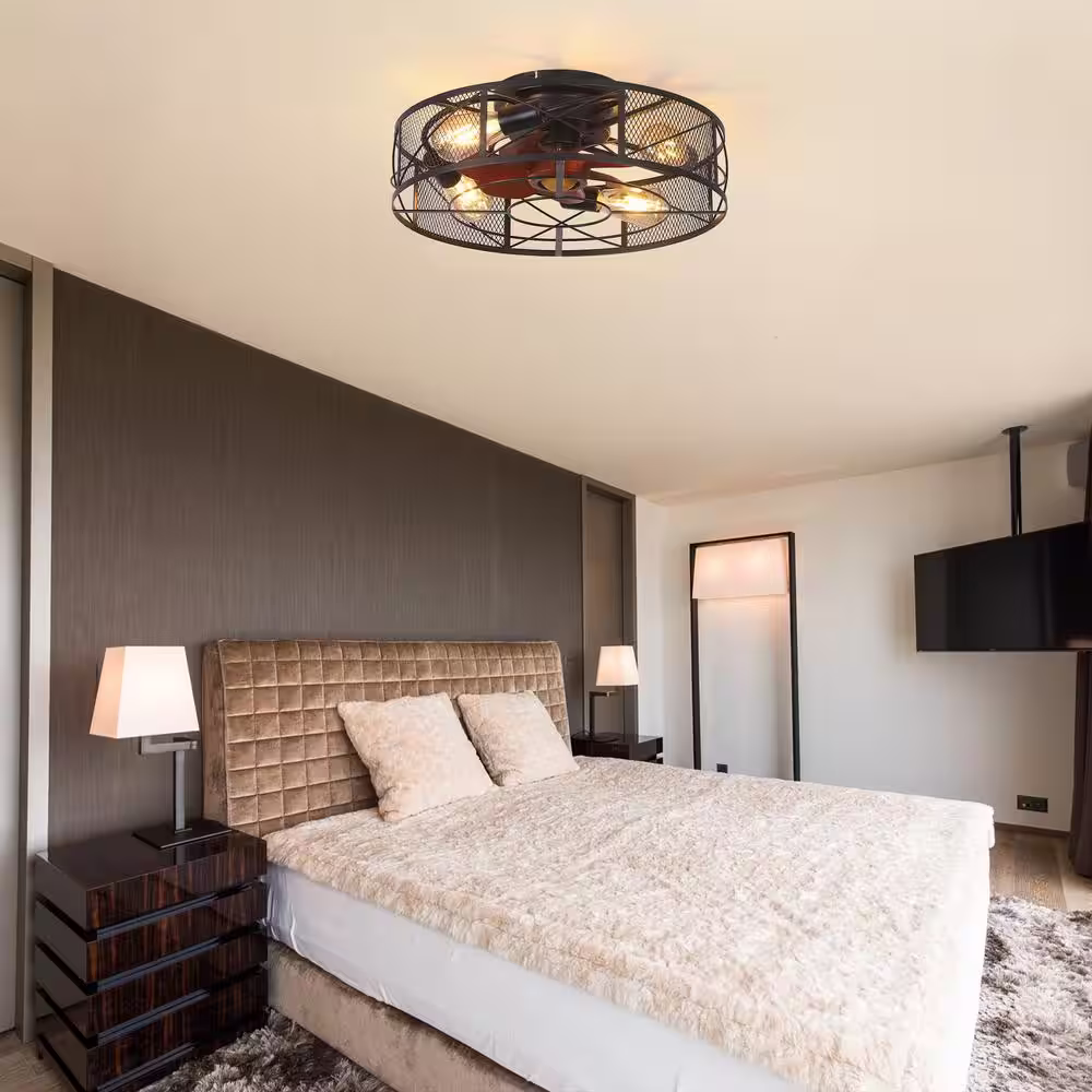 Yardreeze 19 in. Indoor Black 6-Speed Flush Mount Caged Ceiling Fan with Light Kit and Remote Control