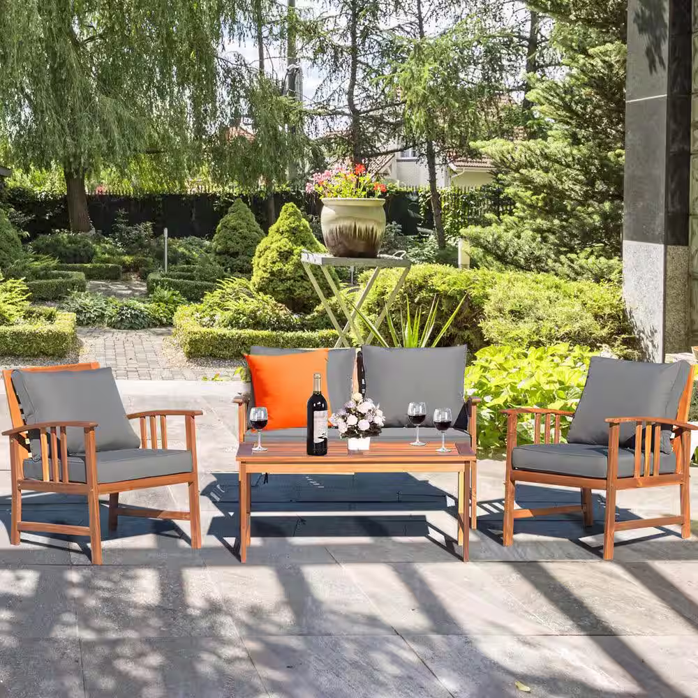 ANGELES HOME Teak 4-Piece Acacia Wood Outdoor Sofa Patio Conversation Set with Gray Cushions