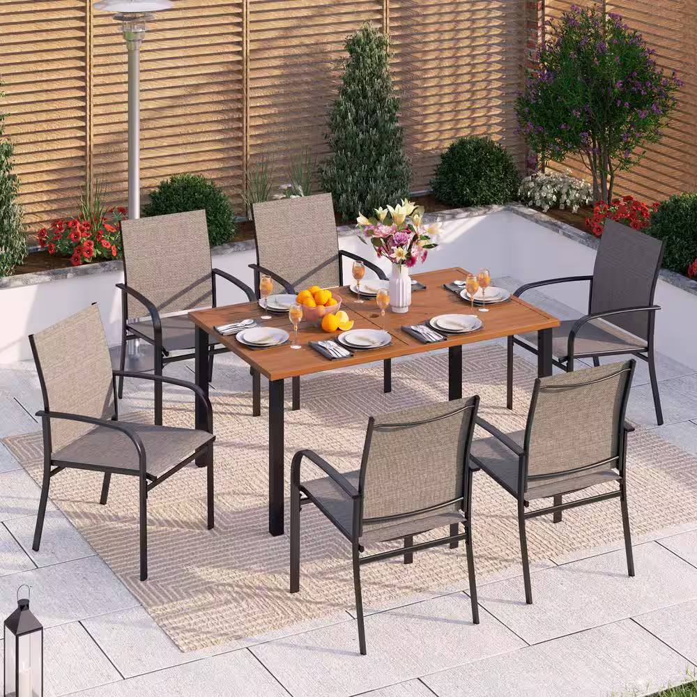 None Black 7-Piece Metal Outdoor Patio Dining Set with Wood Finish Rectangle Table and Brown Textilene Chairs