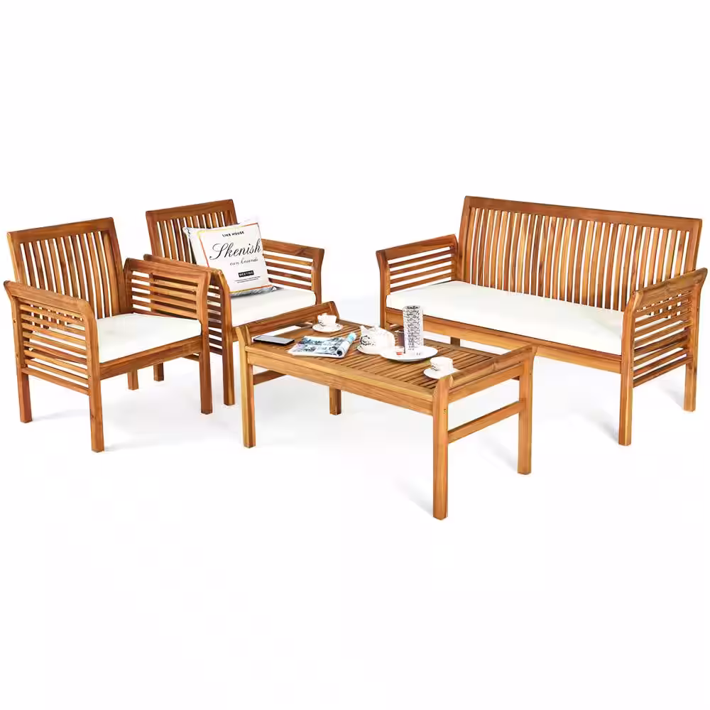 Costway Teak 4-Piece Outdoor Acacia Wood Patio Conversation Set Sofa Chair Coffee Table with Beige Cushions