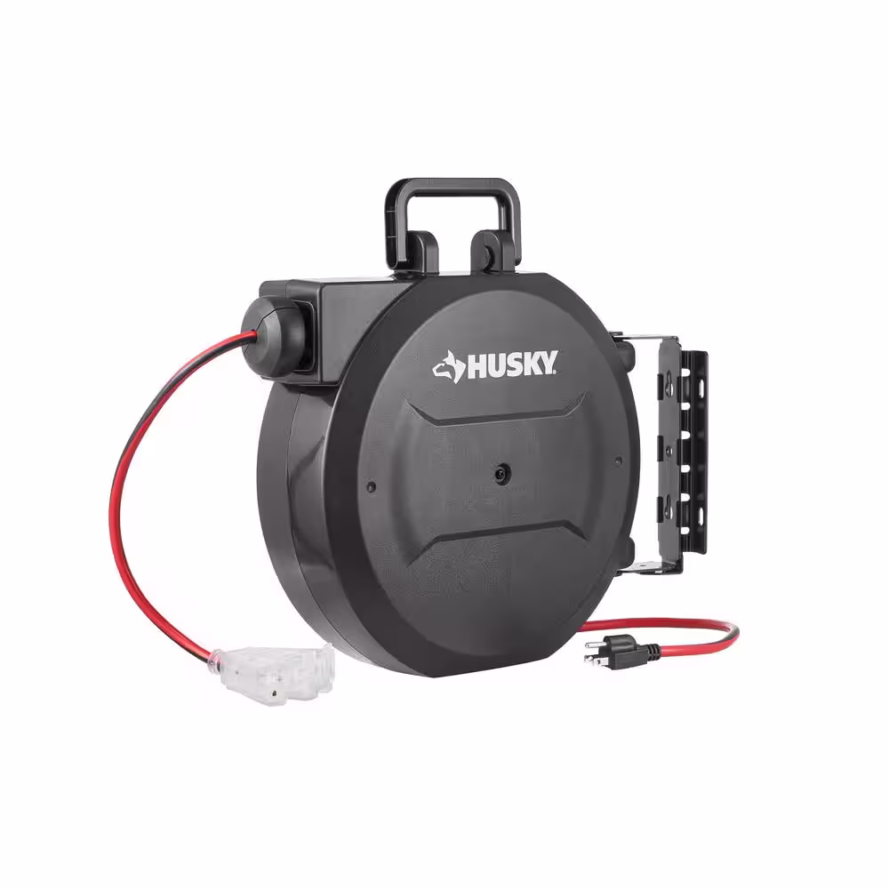 Husky 50 ft. 14/3 Medium Duty Indoor/Outdoor Extension Cord Reel with Multiple Outlet Triple Tap End, Black