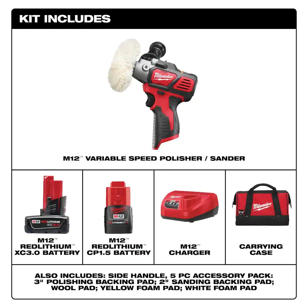Milwaukee M12 12V Lithium-Ion Cordless Variable Speed Polisher/Sander Kit W/(2) M12 Batteries, Accessories, Charger & Tool Bag
