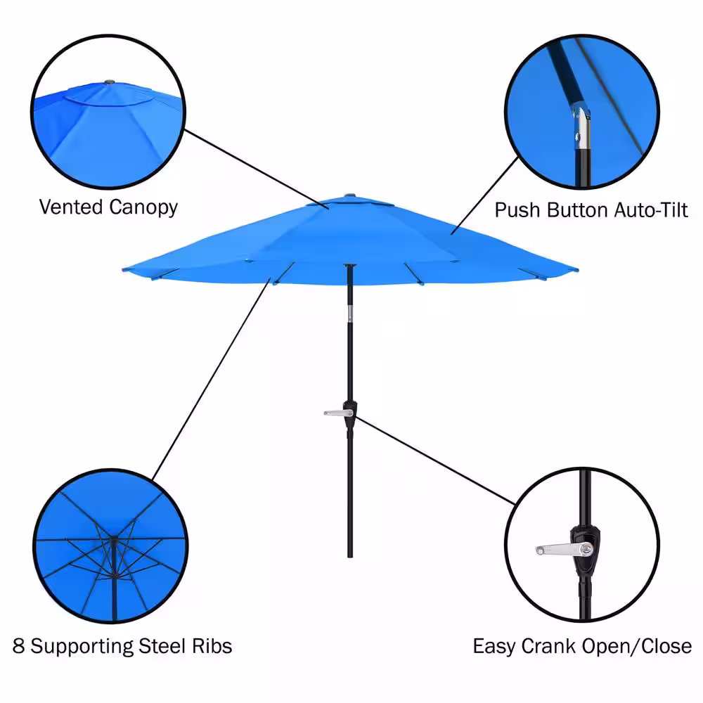 Alaterre Furniture 8 -Piece Set, Okemo Wood Outdoor Dining Table Set with 6 Cushioned Chairs, 10 ft. Auto Tilt Umbrella Brilliant Blue