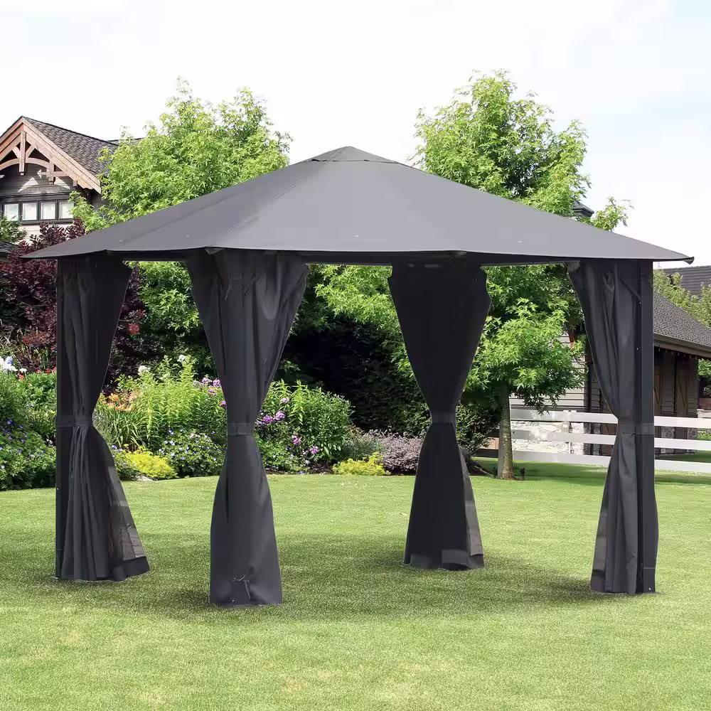 Outsunny 10 ft. x 10 ft. Black Metal Outdoor Patio Gazebo Soft Top Canopy Tent with Zippered Mesh Sidewalls