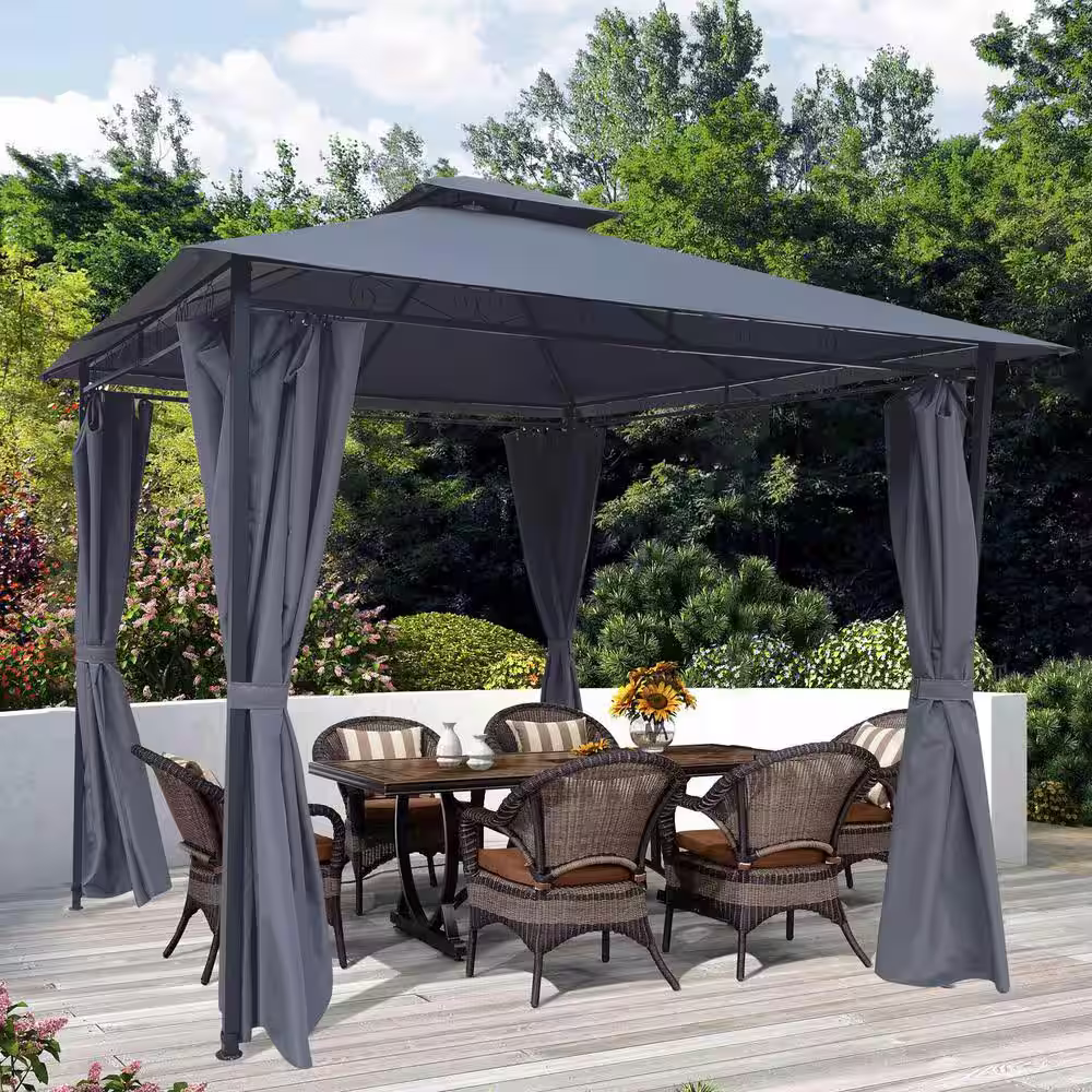 None 10 ft. x 10 ft. Dark Gray Outdoor Patio Gazebo Tent with Curtains