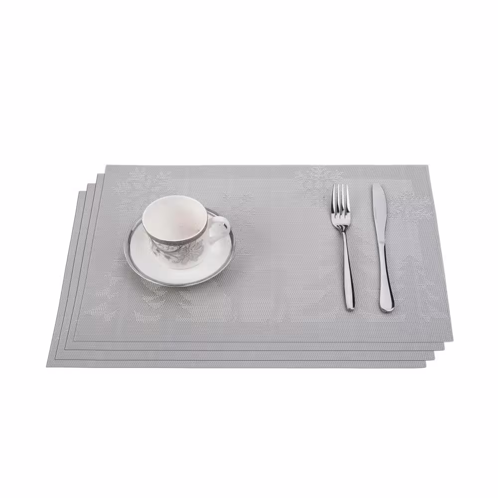 J&V TEXTILES Silver and White Deer Jacquard 12 in. x 18 in. PVC Fiber Woven Non-Slip Washable Placemat (Set of 4)