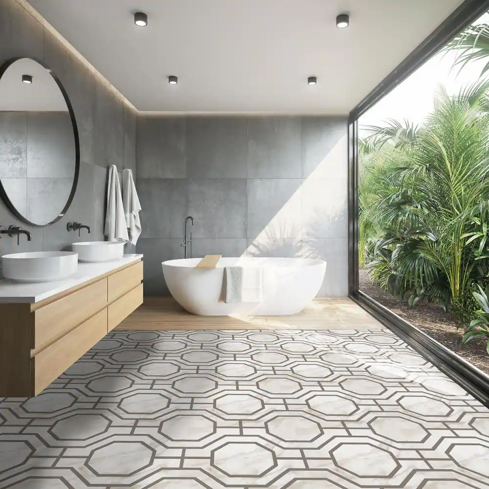 ACHIM Retro 12 in. W x 12 in. L Octagon Charcoal Marble Water Resistant Peel and Stick Vinyl Tile Flooring (20 sq. ft./case)