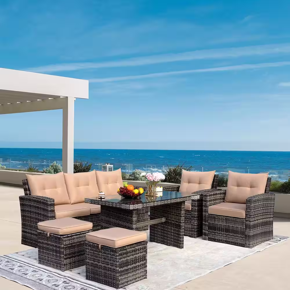 None Freely Combinable Brown 6-Piece Hand-Woven PE Wicker and Anti-rust Steel Frame Outdoor Dining Set with Brown Cushion
