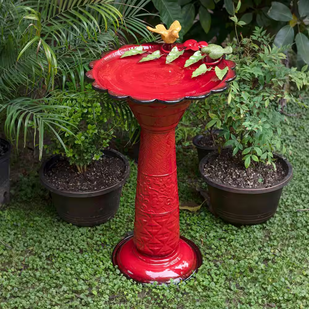 Alpine Corporation 28 in. Tall Outdoor Metal Birdbath with Birds and Leaves Yard Statue Decoration, Red