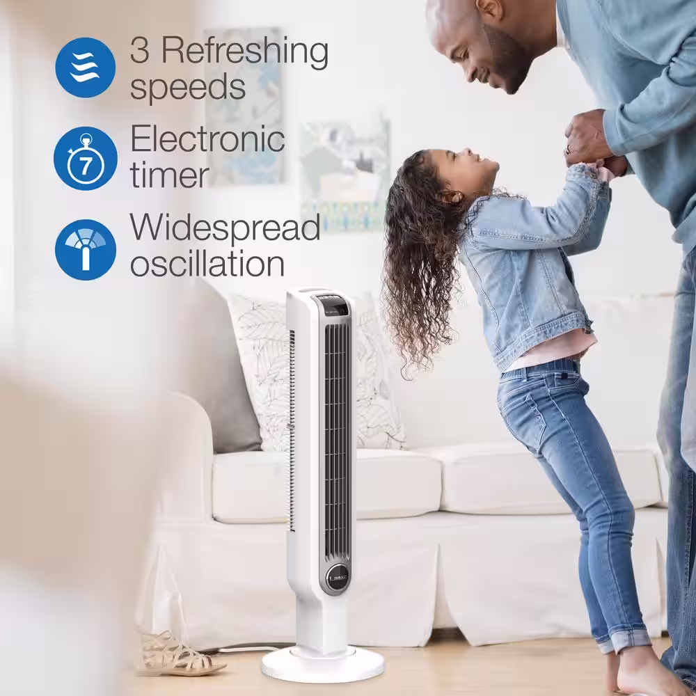 Lasko 36 in. 3 Speed White Oscillating Tower Fan with Programmable Timer and Remote Control