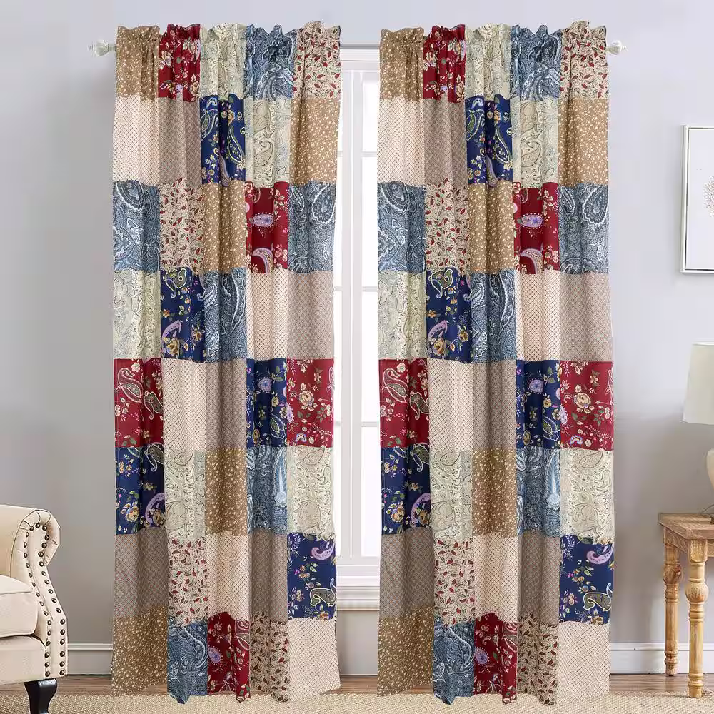 None 53 in. W x 84 in. L Floral Patchwork Rod Pocket Room Darkening Window Curtain Panel Drapes in Navy Blue Brown Red