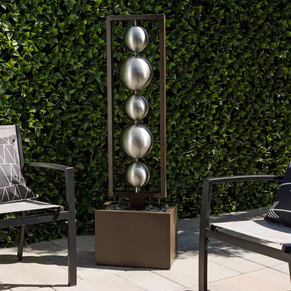 Alpine Corporation 55 in. Tall Outdoor Modern Column Waterfall Fountain with Stainless Steel Orbs, Silver