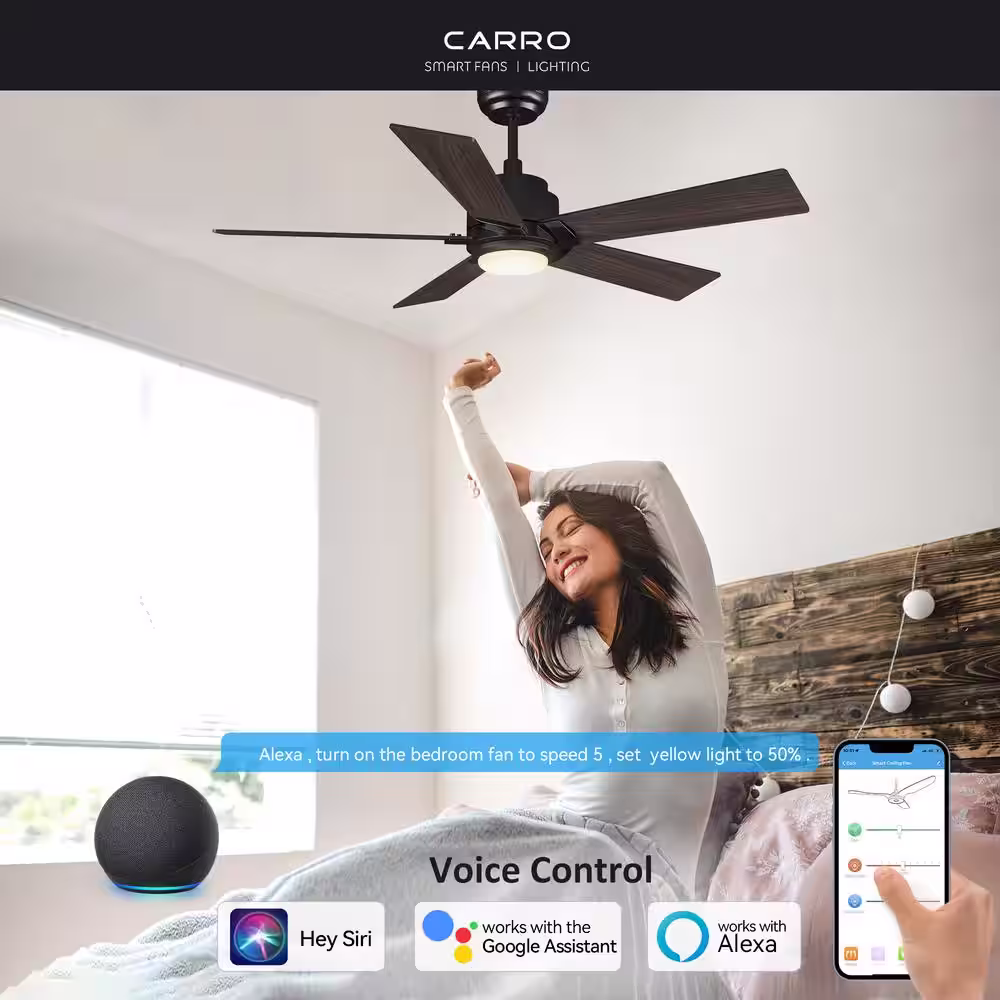 CARRO Aspen 52 in. Dimmable LED Indoor/Outdoor Black Smart Ceiling Fan with Light and Remote, Works with Alexa/Google Home