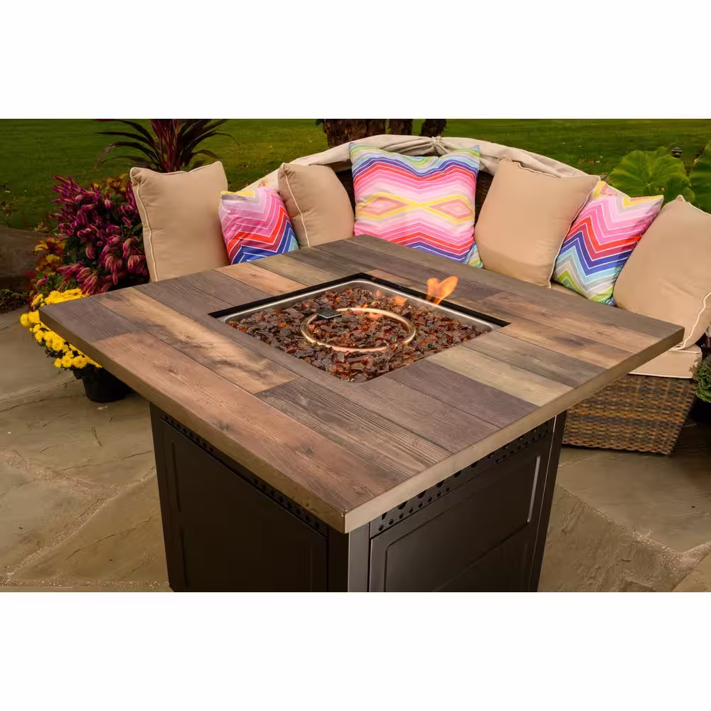 Endless Summer DualHeat 38 in. W x 30 in. H Outdoor Square Steel LP Gas Bronze Fire Pit Heater with Push Ignition HideAway Cover
