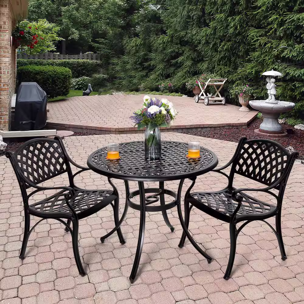 Nuu Garden Antique Bronze 3-Piece Cast Aluminum Patio Bistro Set with Umbrella hole
