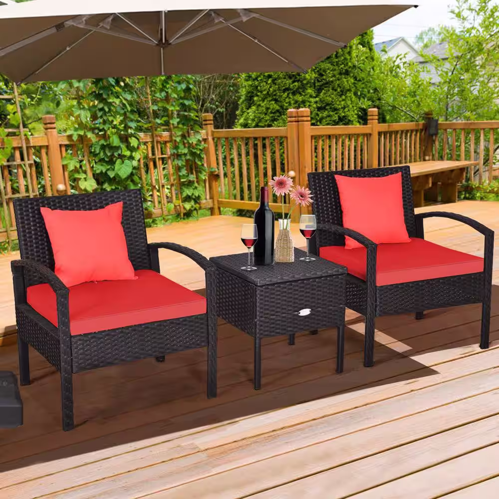 Alpulon Black 3-Piece Wicker Outdoor Bistro Set with Red Cushions