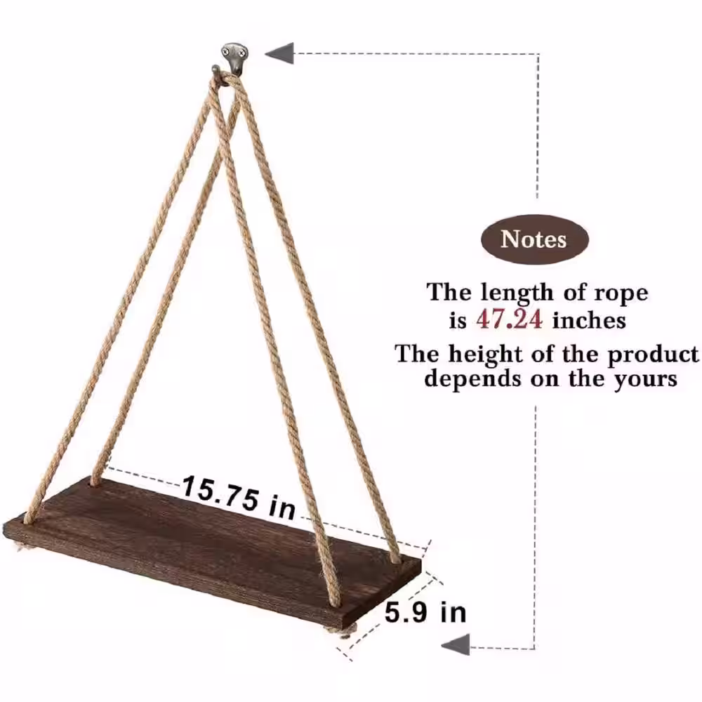 None Brown Hanging Shelves, Wood Floating Wall Shelves Rustic Hanging Swing Rope Shelves (Set of 4)