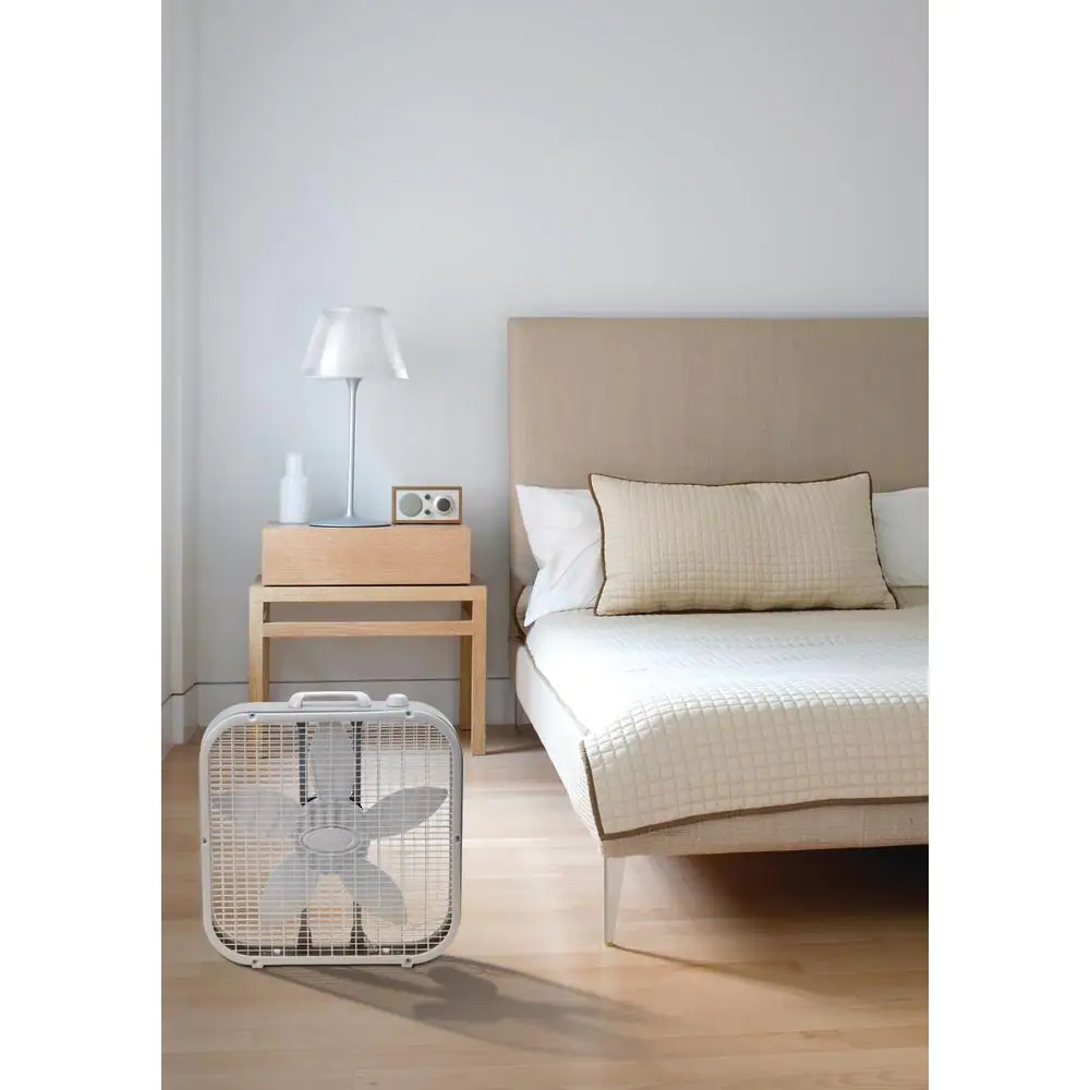 Lasko 20 in. 3 Speeds Box Fan in White with Save-Smart Technology for Energy Efficiency, Carry Handle