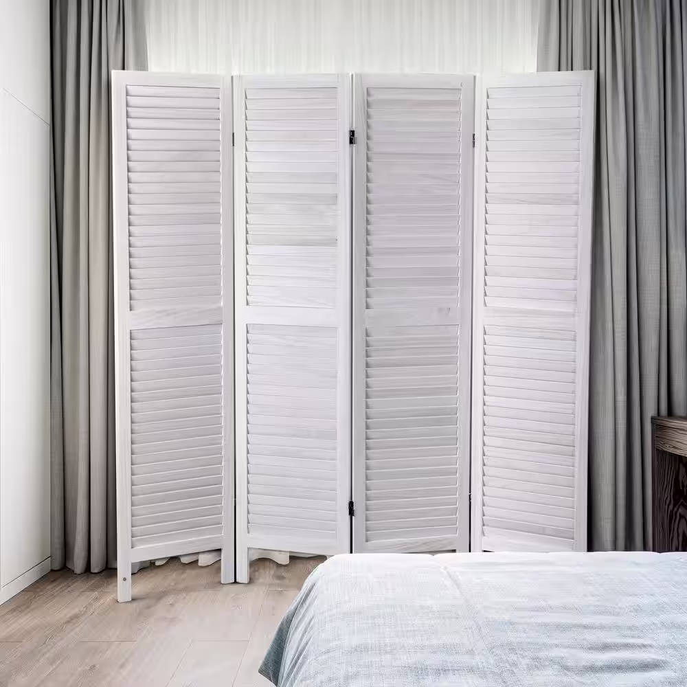 None 4-Panel White Wood Room Divider Louver Partition Screen, 5.6 ft. Tall Folding Privacy Screen for Home Office