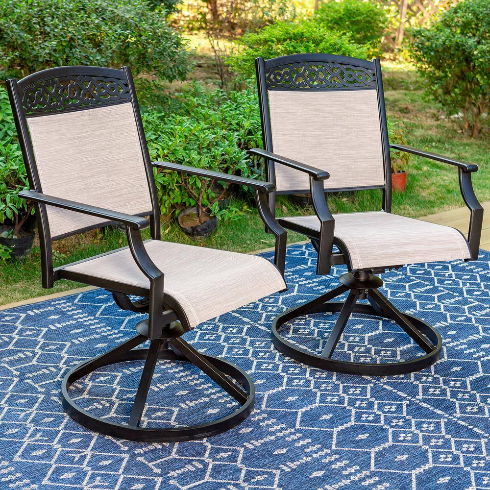 None 5-Piece Metal Outdoor Dining Set with Aluminum Sling Swivel Rockers and Round Table
