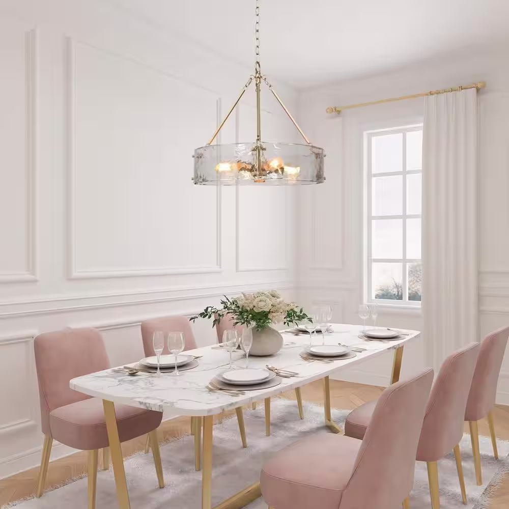 None 19.5 in. 4-Light Modern Gold Drum Chandelier, Water Glass Kitchen Island Pendant Light, Dining Room Round Chandelier