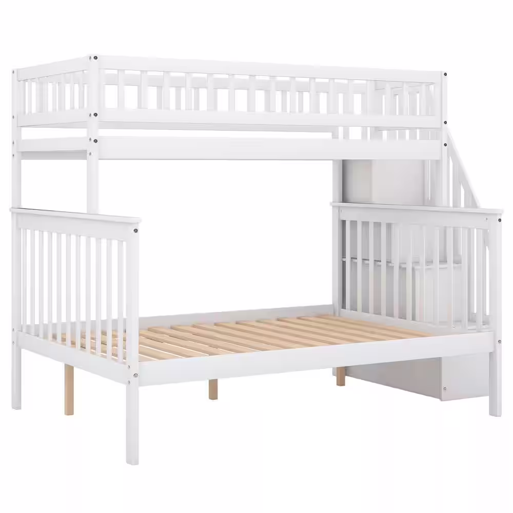 None White Twin Over Full Stairway Bunk Bed with Storage and Stairs for Kids