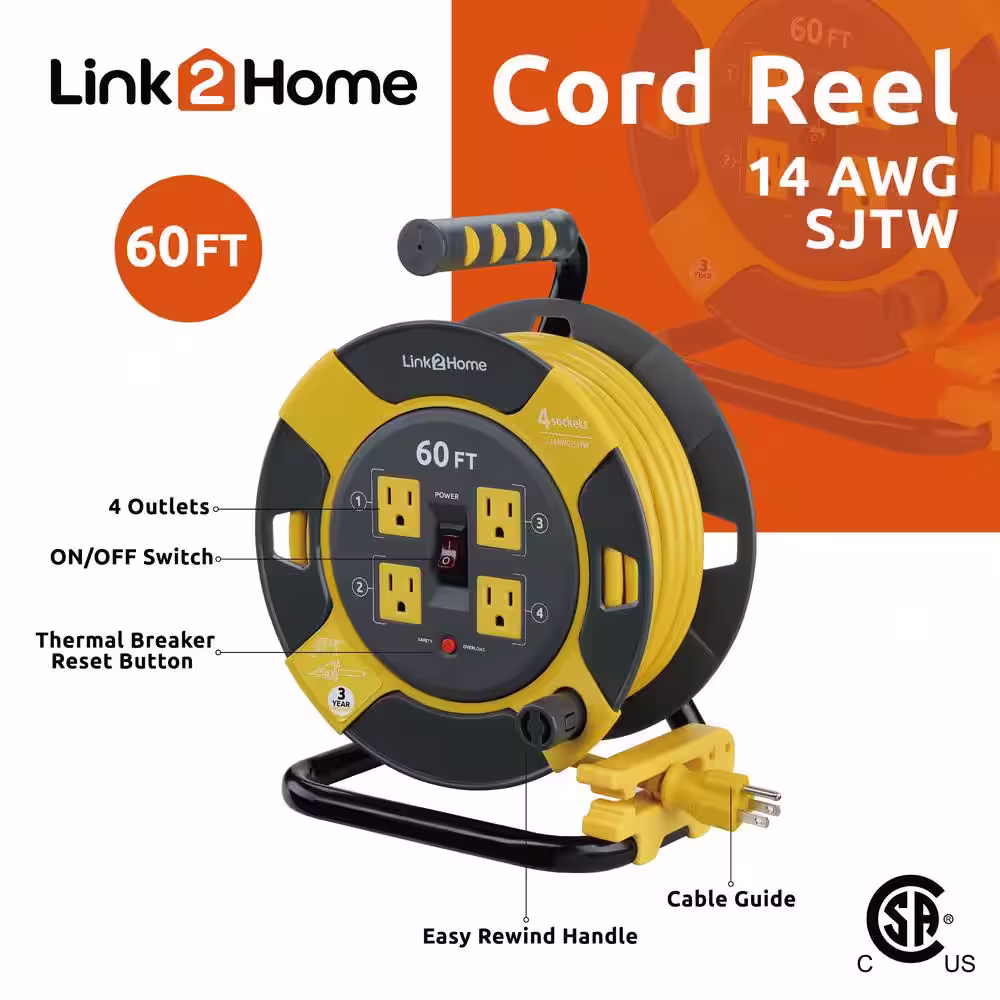 Link2Home 60 ft. 14/3 Extension Cord Storage Reel with 4 Grounded Outlets and Overload Circuit Breaker