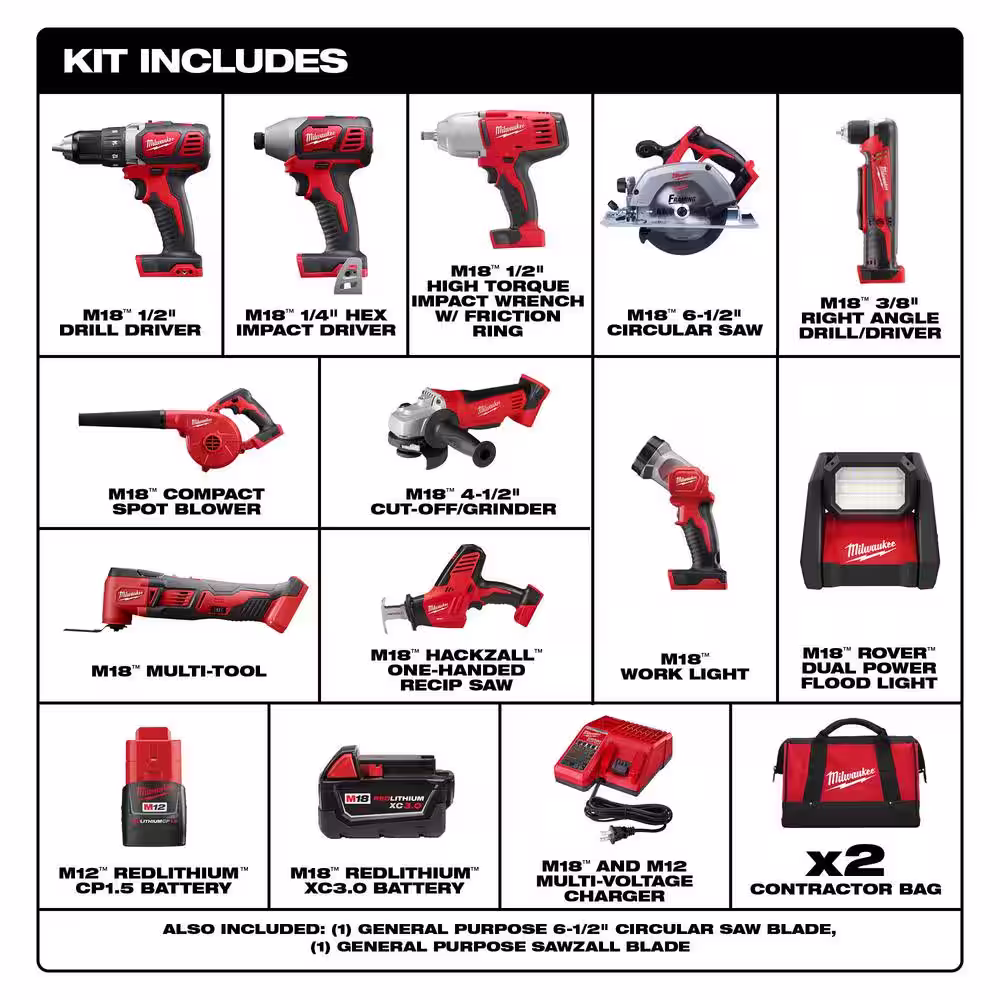 Milwaukee M18 18V Lithium-Ion Cordless Combo Kit (10-Tool) with (2) Batteries, Charger, (2) Tool Bags and M18 AC/DC Flood Light