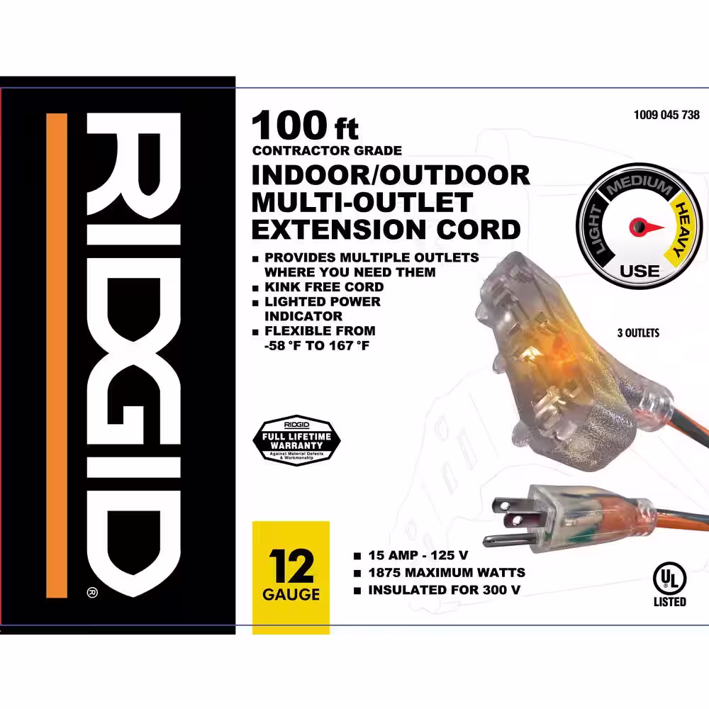 RIDGID 100 ft. 12/3 Heavy Duty Indoor/Outdoor Extension Cord with Tritap Lighted End, Orange/Grey