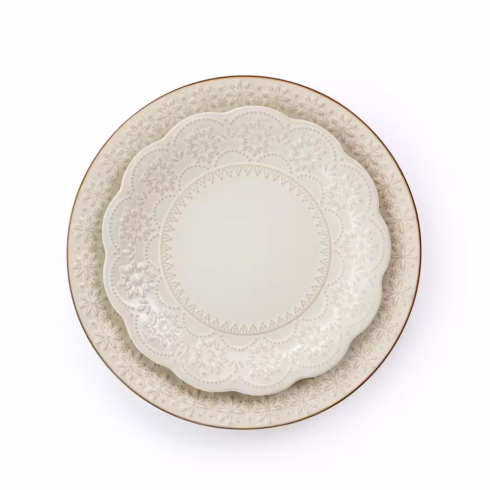Elama 16-Piece Contessa Embossed Ivory Stoneware Dinnerware Set (Service for 4)