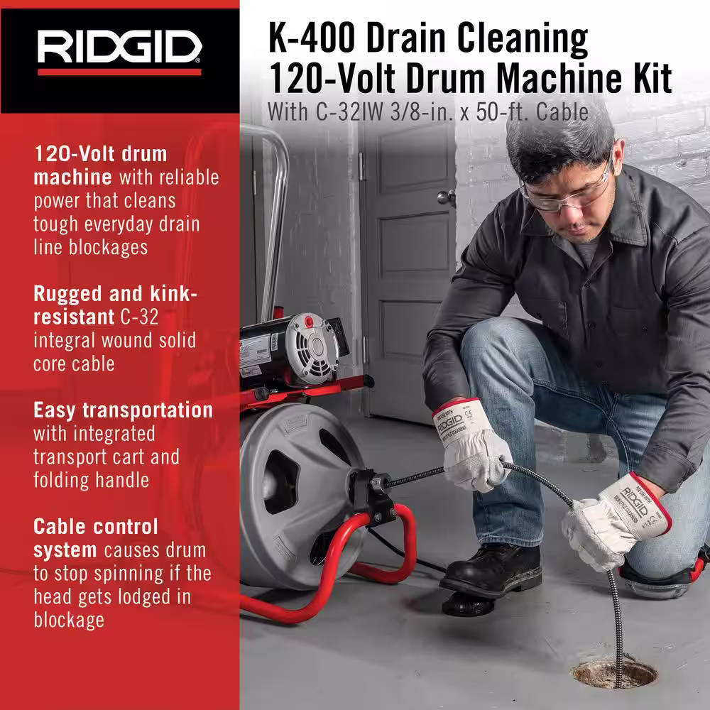RIDGID K-400 Drain Cleaning Snake Auger Machine, C-31 IW 3/8 in. x 50 ft. Cable inside Drum plus 4-Piece Tool Set and Gloves