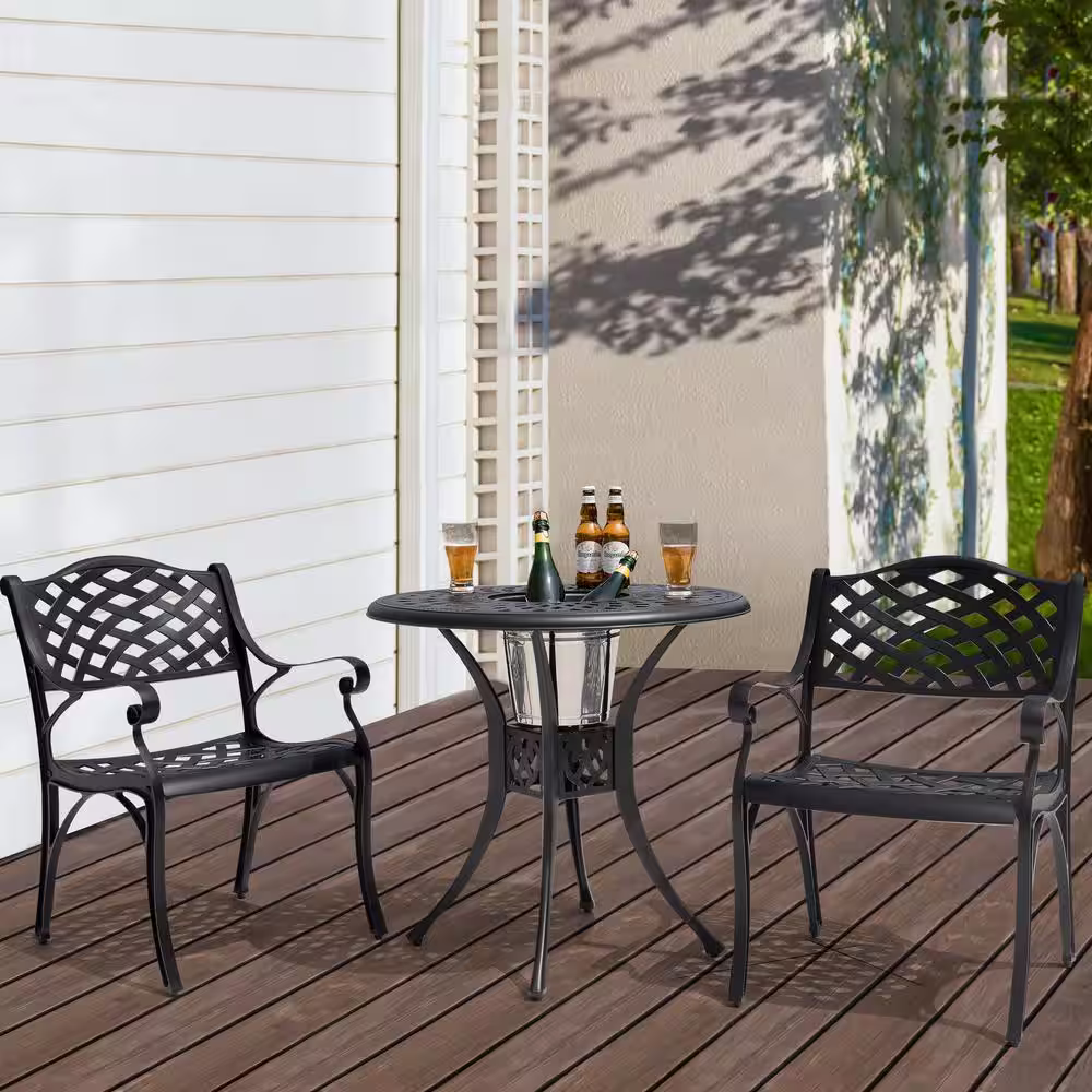 Nuu Garden 3-Piece Cast Aluminum Outdoor Bistro Set Patio Table Set with Umbrella Hole in Black