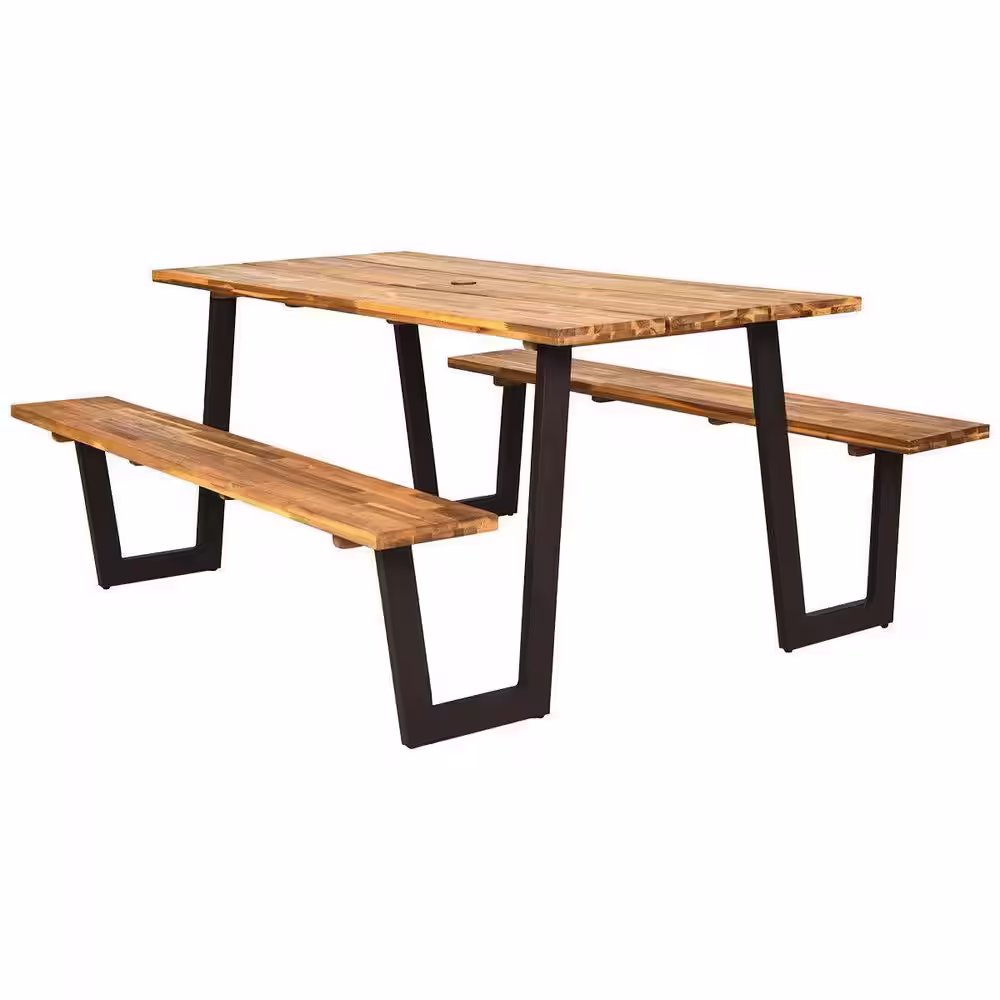 ANGELES HOME 70 in. L Wood Frame Outdoor Bench Set Picnic Table with Umbrella Hole