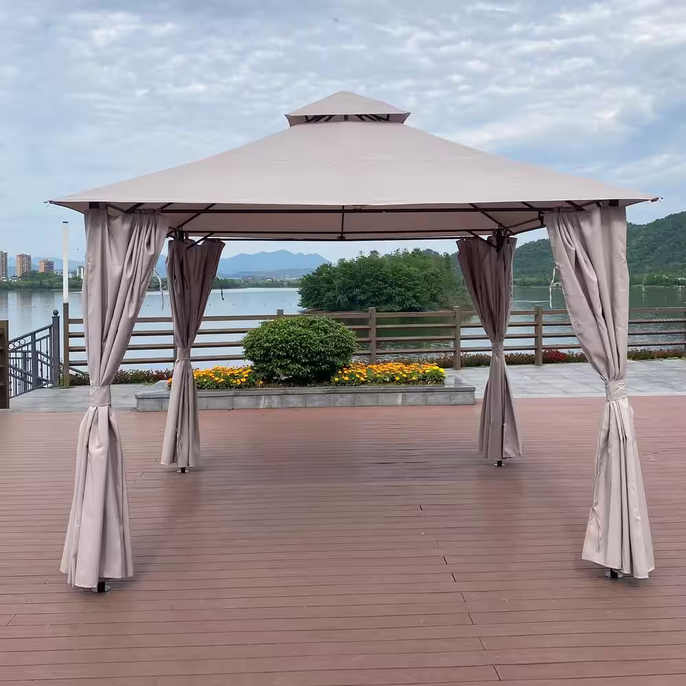 None 10 ft. x 10 ft. 2-Tier Steel Outdoor Patio Garden Gazebo Canopy, Outdoor Shading, Gazebo Tent With Curtains, Gray