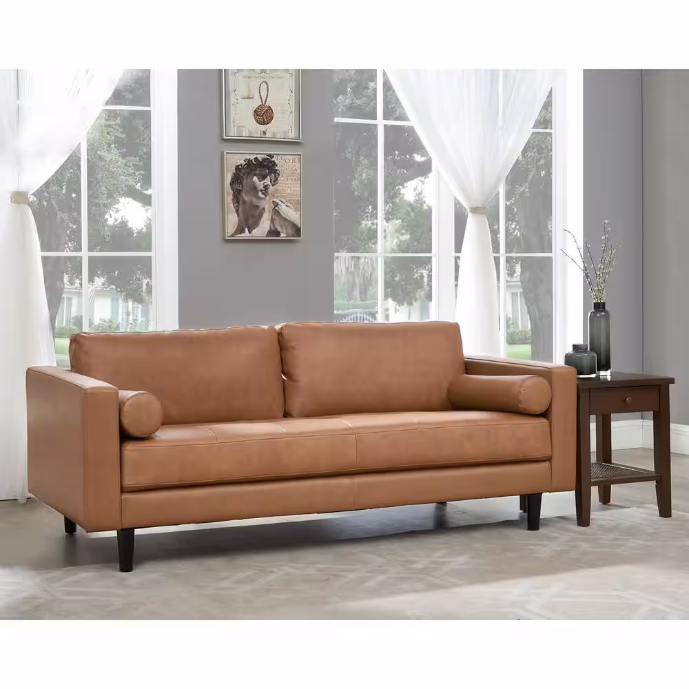None Tan Top Grain Genuine Mid-Century Leather Loveseat, Sectional Mini Sofa, Small Sofa Bed