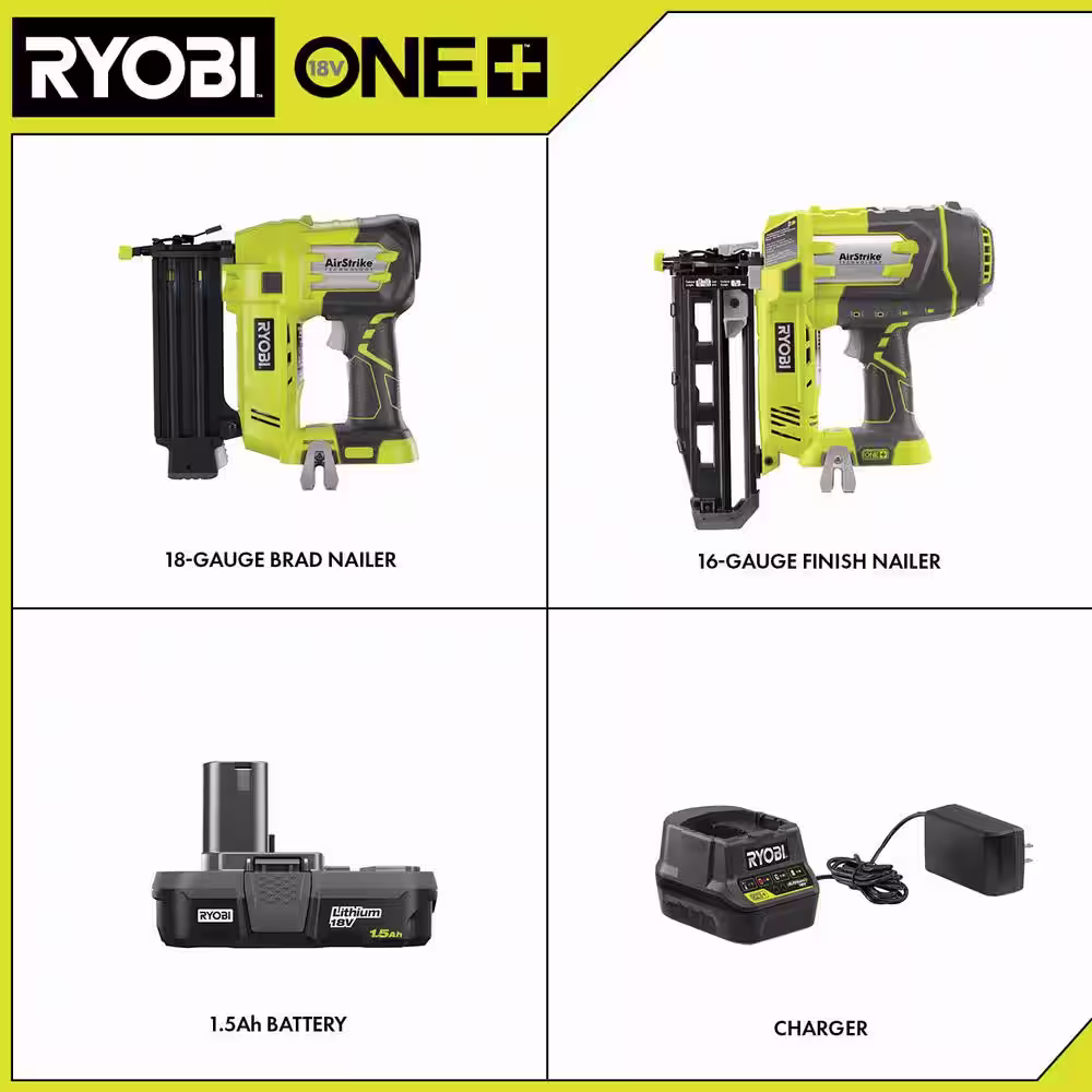 RYOBI ONE+ 18V Cordless AirStrike 18-Gauge Brad Nailer, 16-Gauge Straight Finish Nailer Kit w/(1)1.5Ah Battery and Charger
