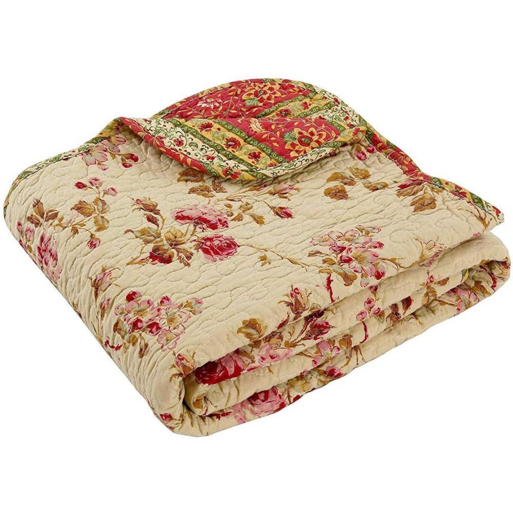 None Pink Khaki Rose Garden Vintage Floral Cotton Quilted Throw Blanket (Set of 1)