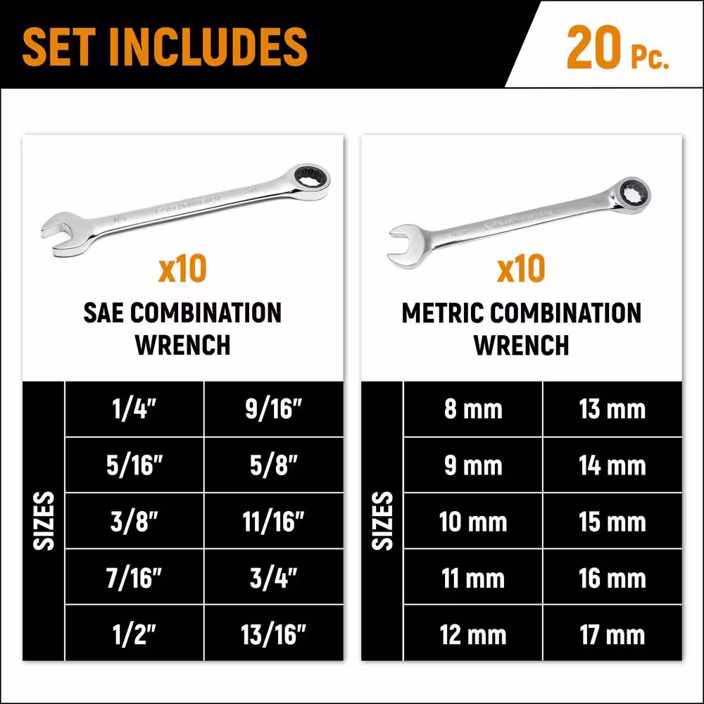 GEARWRENCH 72-Tooth 12 Point SAE/Metric Combination Ratcheting Wrench Set (20-Piece)