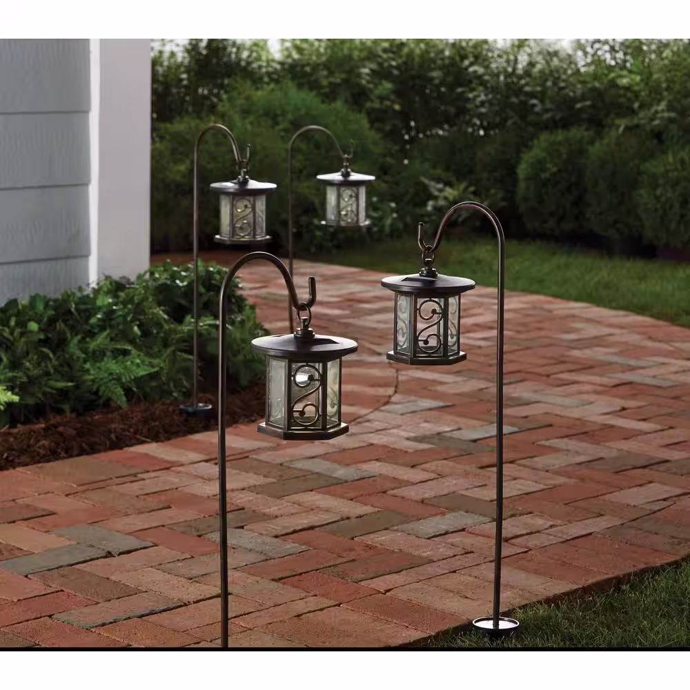 Hampton Bay Bronze Integrated LED Shepherds Hook Outdoor Solar Path Light with Glass Lens (4-Pack)