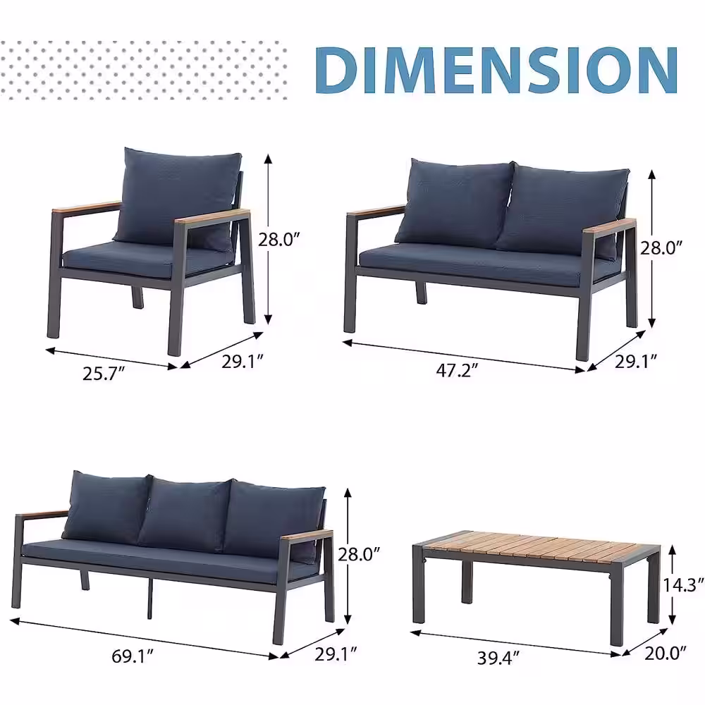 Freestyle Joivi Gray 5-Piece Aluminum Outdoor Sectional Set with Navy Blue Cushions