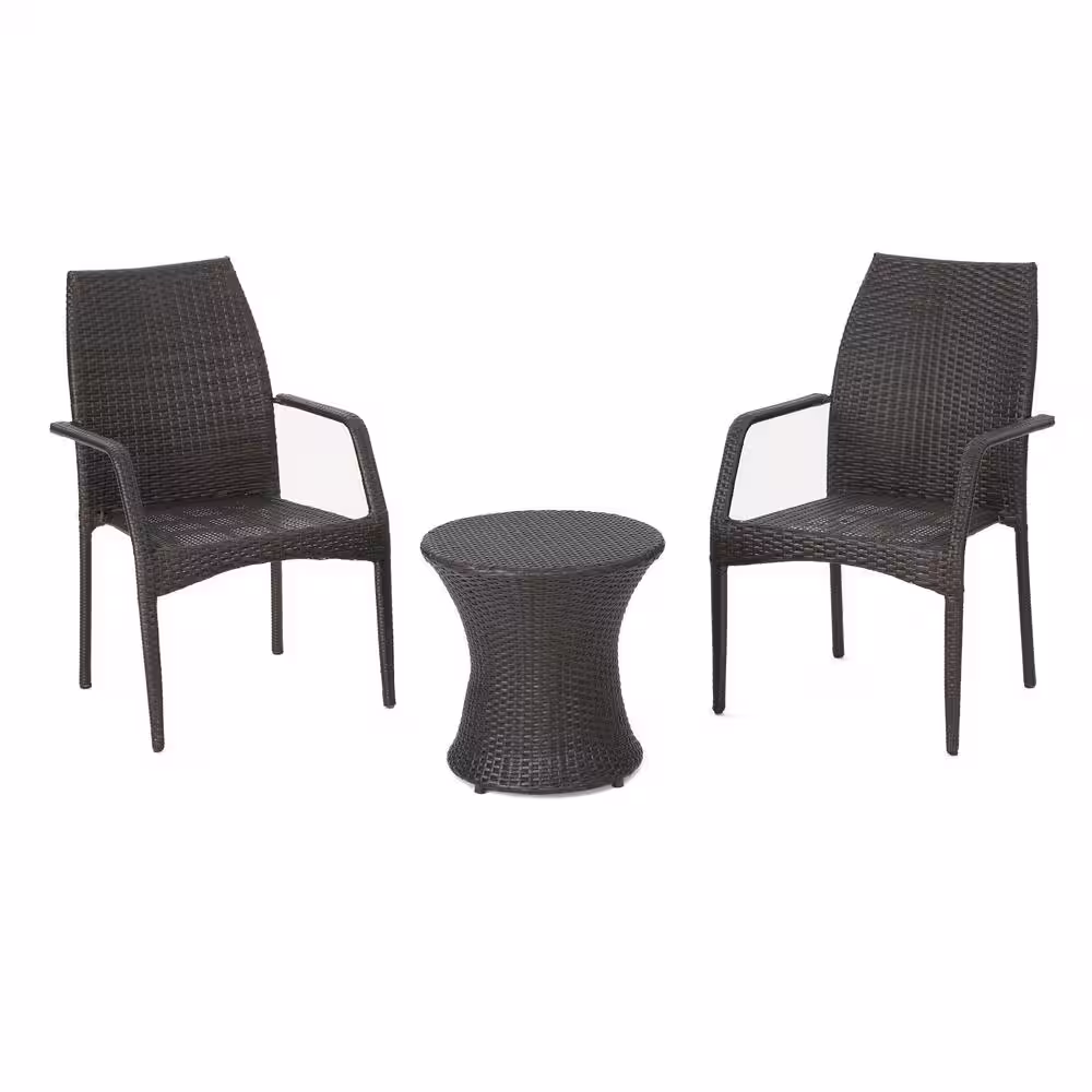 Noble House Crawford Multi-Brown 3-Piece Faux Rattan Patio Conversation Set